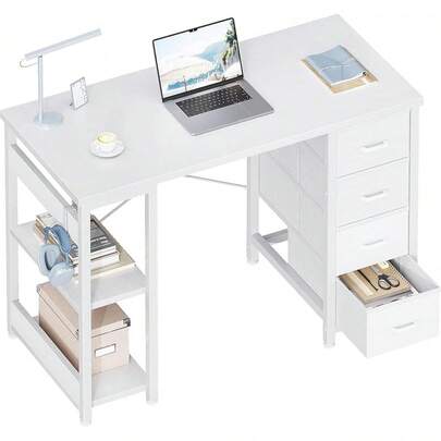 ODK 40 Inch Small White Computer Desk With 4 Fabric Drawers, Modern Office Desk For Home Office Gaming With Storage Shelves Study, White
