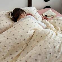 Muslin Duvet Cover With Ruffled Edges, 1 Piece Cotton Comforter Cover 47X59'', Pattern 2-Layer Gauze Bedding, No Quilt Or Pillowcases, Bedroom Essential - Berry - View 7