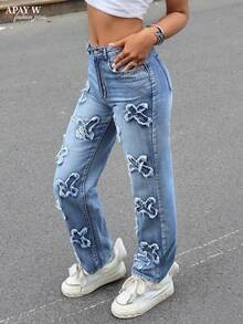 Quần jeans nữ ống đứng cạp cao, rách rưới, phối nhiều mảnh, kiểu vintage wash thập niên 2000, phong cách đường phố cao bồi thường ngày, mùa xuân. - Rửa nhẹ - Xem 1