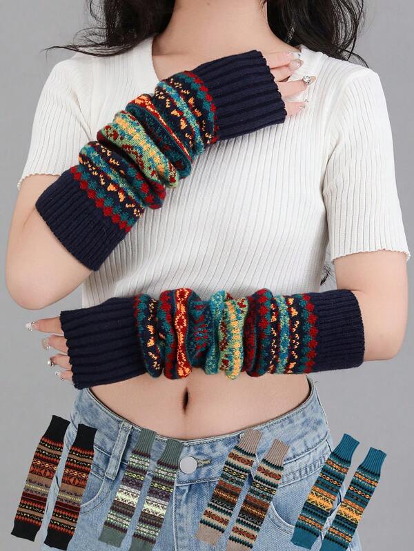 1 Par de Luvas Longas Sem Dedos Boêmias Multicoloridas de Acrílico para Halloween, Mitenes Tricotadas para Outono/Inverno para Mulheres