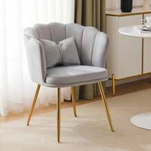 Modern Velvet Living Room Armchair, Bathtub Chair, Comfortable Upholstered Decorative Chair With Petal Back And Gold-Plated Metal Legs And Butterfly Cushion For Bedroom/Dining Room - Grey - View 7