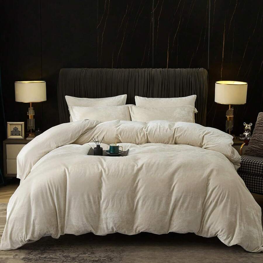 Queen Size 3pcs Ultra Soft Breathable Comforter Cover Set, Luxury Cozy Flannel Duvet Cover With Pillow Shams, 90" X 90", Dark Grey, And Bedding Collection - 沙子(無棉被) - 查看 1
