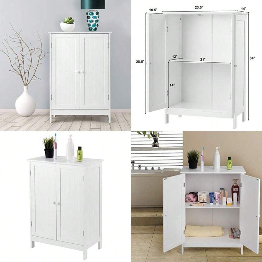 Bathroom Floor Cabinet With Double Door Wooden Floor Storage Cabinet With Shelf Elegant Home Space Saver Storage Toiletries Wooden Entryway Utility Storage Cabinet Durable Storage Cabinet For Compact Room White