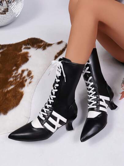 Botas de Cano Médio com Bico Fino e Salto Fino com Cadarço para Mulheres, Estilo Versátil Europeu e Americano de Faculdade, Plus Size