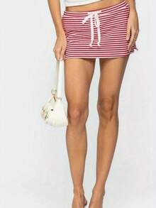 Women Drawstring Micro Skort Y2k Elastic Low Waist Bodycon Mini Skirt Mid Rise Short Sweat Skirts With Shorts - Red - View 1