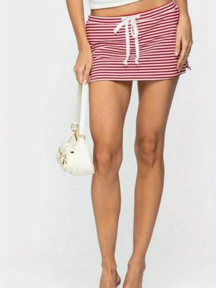 Women Drawstring Micro Skort Y2k Elastic Low Waist Bodycon Mini Skirt Mid Rise Short Sweat Skirts With Shorts - Red - View 1