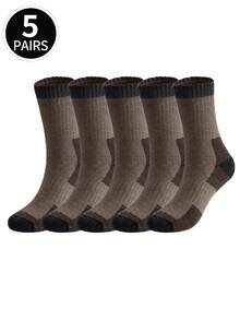 5 Pairs Men's Thick Thermal Crew Socks, Warm Wool Blend Socks For Outdoor Sports Like Hiking, Skiing In Winter