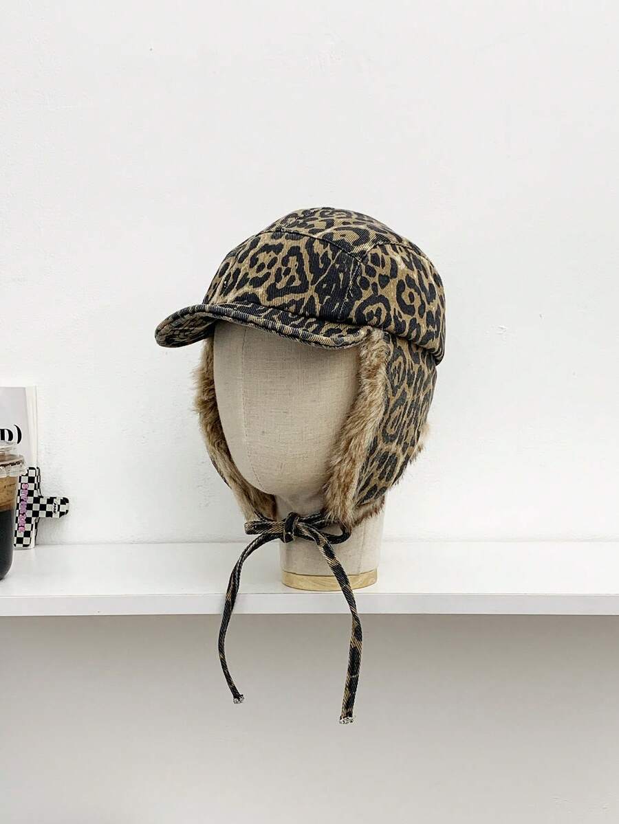 Faux Fur Ushanka Leopard Print Fluffy Trapper Hat, Retro American Style, Warm Outdoor Earflap Aviator Cap For Women & Men, Vintage Design, Versatile - Multicolor - View 1