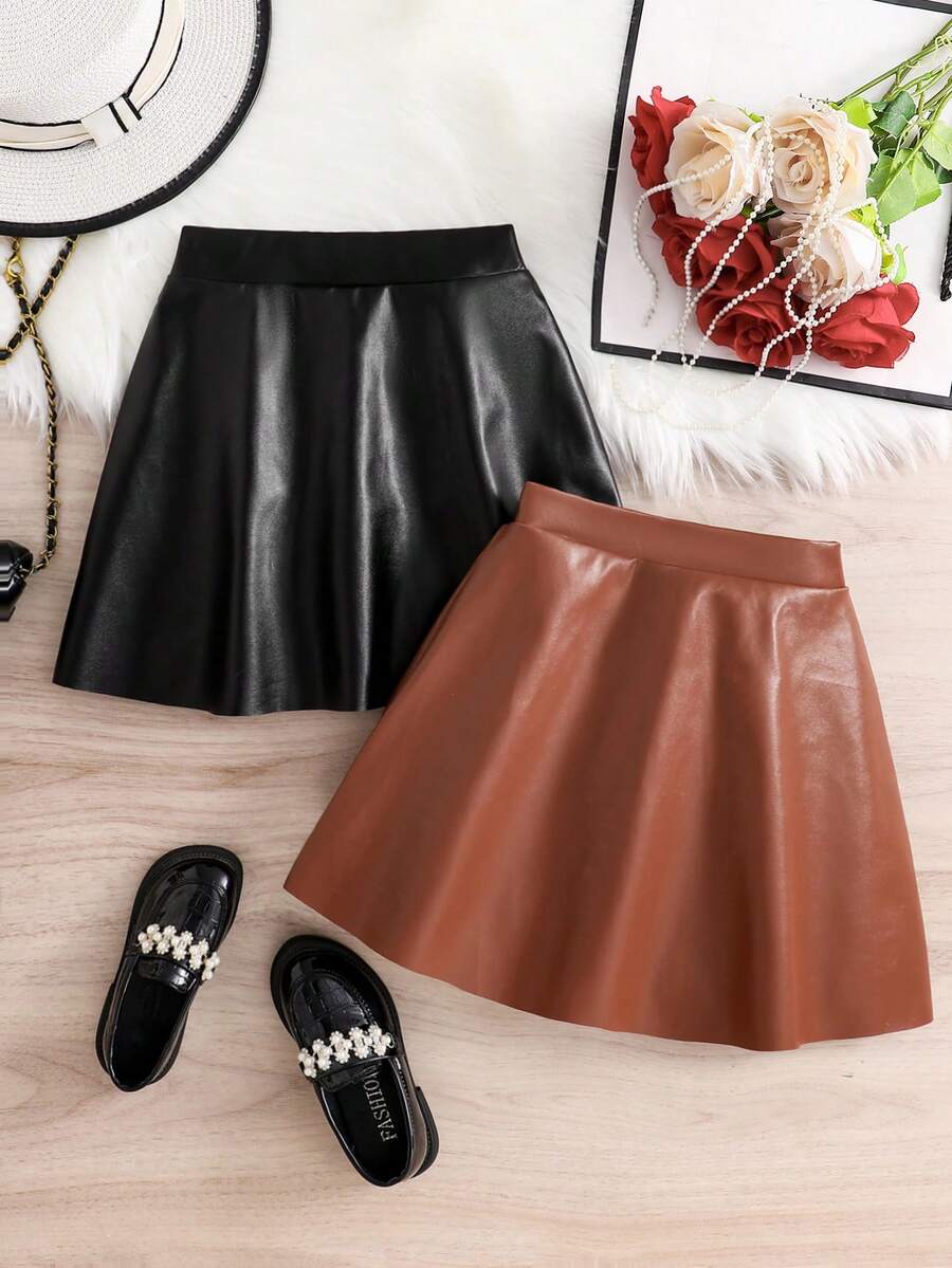 2pcs Girls Simple Versatile Summer Skirts, Teens Faux Leather Solid Color Elastic Waist Mini Skirts, Casual Outdoor Chic Outfits For Youth Daily, Travel