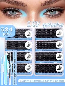 584/616 件 10D-150D（584/616 睫毛套装）假睫毛延长套装，含胶水和镊子 - 6 种长度（10-12 毫米、13-15 毫米、16-18 毫米），防过敏自然浓密睫毛，可重复使用 DIY/适用于敏感米色、假睫毛、按压睫毛 - 黑色 - 查看 9