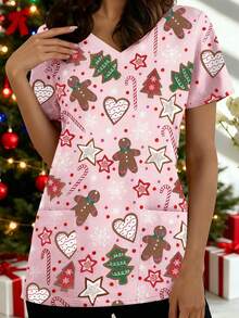 Christmas Dress Christmas Elements Gingerbread Man Candy Printing With Pocket Daily Leisure Daily Joker Daily Commuting Holiday Christmas Printing V-Neck Short-Sleeved Ladies T-Shirt - Multicolor - View 3