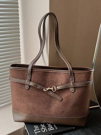 [Elegancia Dual | Conjunto de Bolso Tote de Declaración Beige y Marrón] Textura X Ribete Un Conjunto que Desbloquea la Estética Textural para el Transporte y el Uso Diario Body Beige Base Marrón Oscuro, una Colisión de Dos Colores para un Aspecto Simple de Alta Gama.