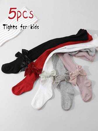 5 双女童纯色竖条纹蝴蝶结装饰紧身裤，适合女童日常穿着，四季皆宜