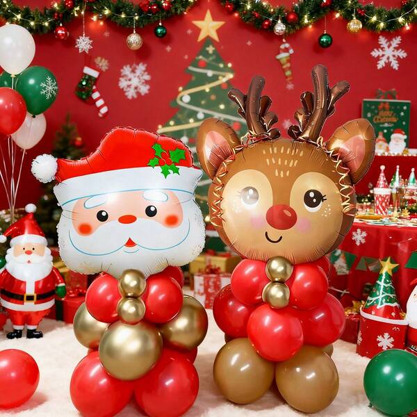 Set de 18 soportes para globos navideños, globos de Navidad rojos y dorados con globos de Papá Noel y renos de nariz roja, adecuados para fiestas de Año Nuevo, fiestas de Navidad, eventos festivos, decoración de escaparates de centros comerciales