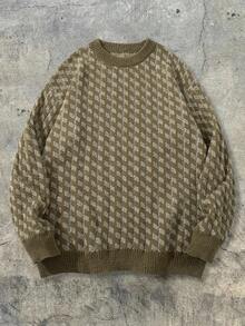 男士休闲复古提花针织套头毛衣，轻薄圆领长袖针织衫，秋冬季 - 綠色 - 查看 2