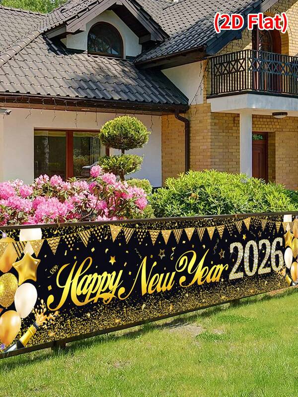 1pc Happy New Year 2026 Banner,Black Gold Flag Balloon Champagne Design New Year Hanging Photo Booth Props,Indoor Outdoor Party Decorations Gifts,Welcome New Year 2026 Decorations,New Year Celebration Party Decoration,New Year Party Supplies,Home Decor,Garden Decor,Party Backround Decor