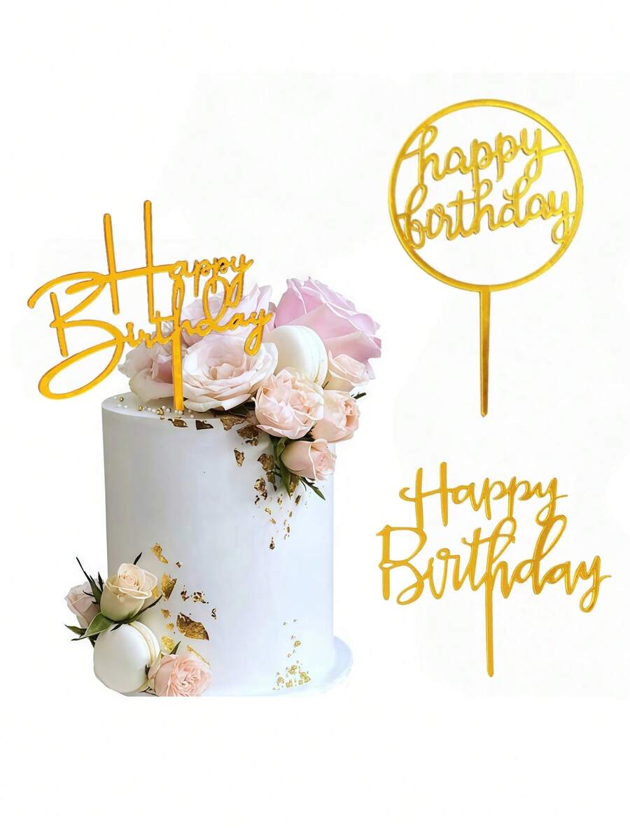 3件套蛋糕装饰插牌，现代字母蛋糕装饰，生日快乐派对蛋糕装饰礼品，蛋糕装饰，蛋糕插牌，烘焙用品，烘焙装饰，烘焙用品，蛋糕用品，厨房必备家具，节日礼品 - 金色 - 查看 1