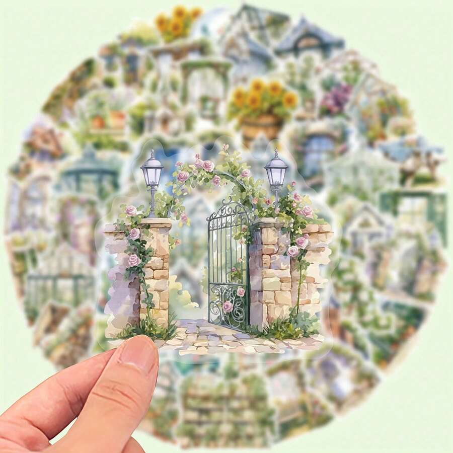 50 Charming Garden Scene Vinyl Stickers, Transparent, With Floral And Cottage Designs - Perfect For Laptops, Water Bottles, Helmets, Skateboards - Ideal Christmas Or Reward Gifts - 1 - Xem 1