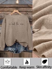 Letter Print Women Casual Warm Faux Wool Sweater, Christmas Gift, Chinese New Year Gift, Valentine's Day Gift, Back To School Clothes, School Outfit Ideas, Back To School Essentials, First Day Of School Outfit, Back To School Outfits 2026 - Camel - View 2