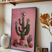 1 Pc Disco Cactus Wall Art, Sparkling Cactus Print, Unique Wall Decor, Pink Background Poster, Fun Plant Artwork, Eclectic Home Decor, Modern Minimalist Style Posters, Living Room And Room Decoration, Bathroom Decoration, Ideal Gift, No Frame - Multicolor - View 3