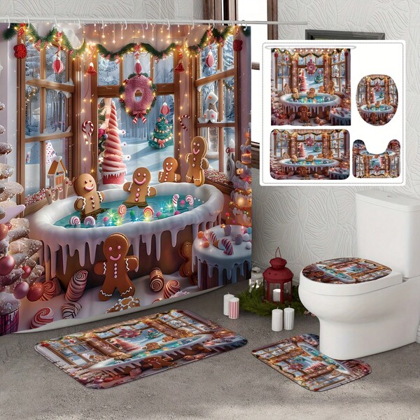 1/4 Pcs Christmas Winter Bathroom Set: Waterproof Polyester Gingerbread Bathtub Cute & Fun Pink-Brown Shower Curtain With 12 Hooks, Non-Slip Bath Mat, U-Shaped Toilet Lid Cover, Suitable For Christmas Bathroom Shower Home Decor