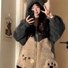 Long-Sleeve Zipper Fleece Party Pajamas COSPLAY Loungewear And Women'S Thickened Plush Hooded Novelty Jumpsuit, Cartoon Bear Hooded Color Block Plush Body Suit, Suitable For Carnival, Halloween And Music Festival - 駝色 - 查看 5