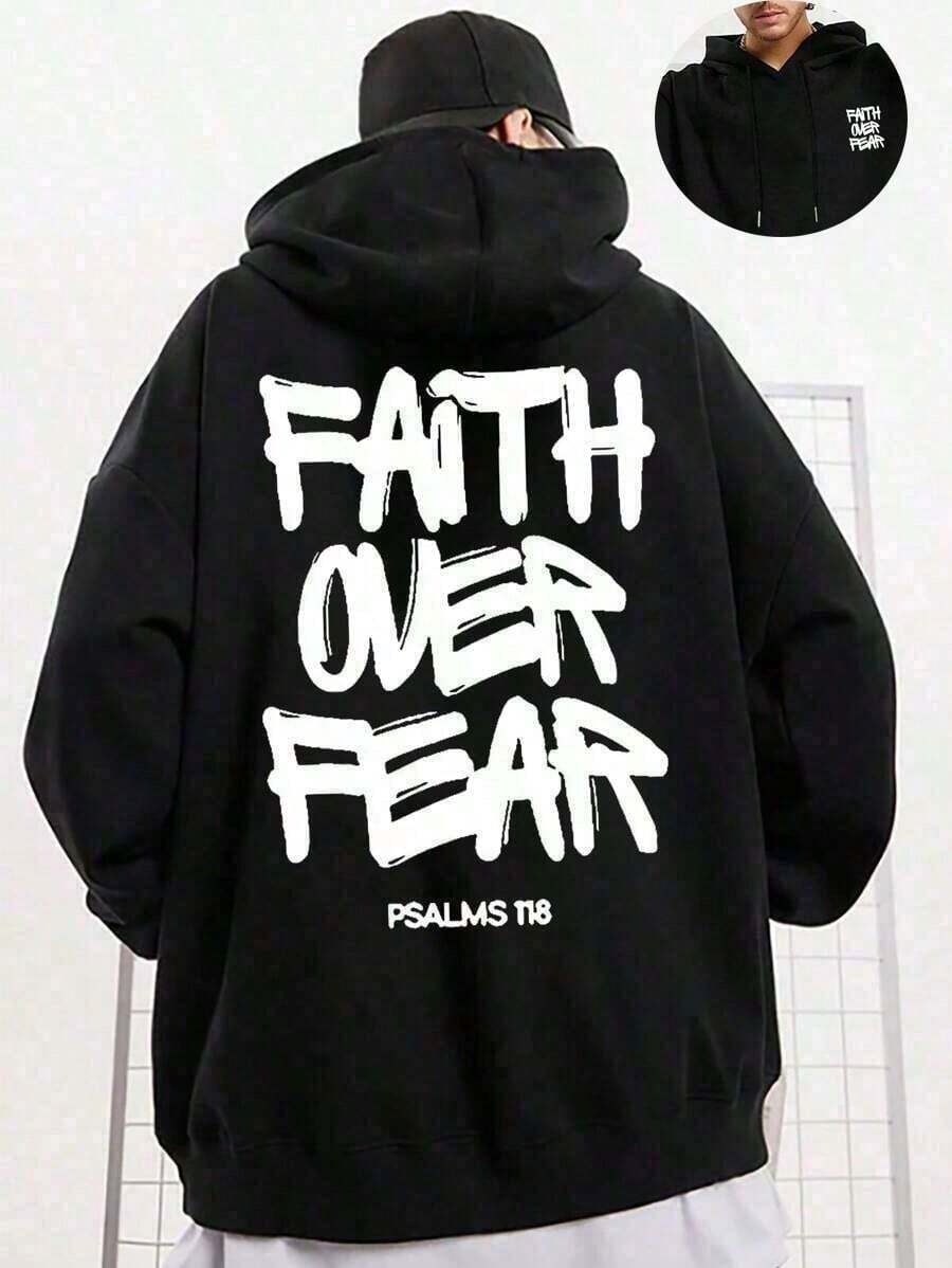 Men's Loungewear Faith Over Fear, Letter Print Pocket Hoodie, Men's Casual Long-Sleeve Drawstring Style, Autumn & Winter New-Unisex Loose-Fit Hooded Sweatshirt-K88Loose And Comfortable - 黑色 - 查看 1