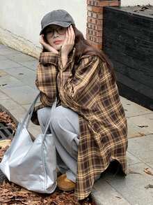 女式格子纽扣前口袋休闲居家旅行长袖衬衫，春秋季 - 棕色 - 查看 1