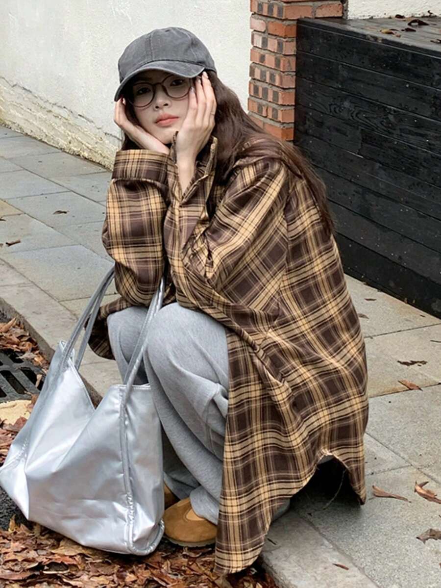 女式格子纽扣前口袋休闲居家旅行长袖衬衫，春秋季 - 棕色 - 查看 1