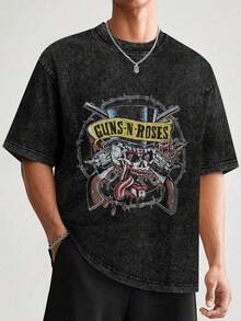 EWH Fashionable Eye-Catching Style, Guns N' Roses, Retro Short-Sleeved Shirt, Guns N' Roses Band, For Men, Skull Print004 - Đen 9 - Xem 2