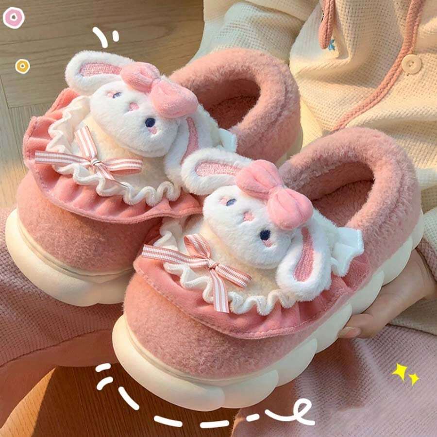2025 Nuevas pantuflas cómodas y sencillas para mujer con forro de peluche de conejo de dibujos animados, para interiores y exteriores - Rosa Fucsia - Ver 1