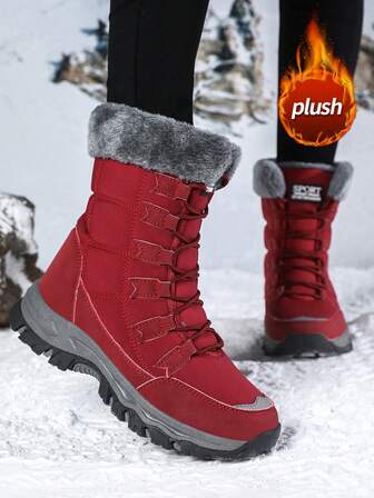 女式雪地靴，新款秋冬高帮中筒系带舒适厚底防滑耐用纯黑色休闲靴，适合年轻女性，时尚户外徒步探险，厚毛绒衬里，防水皮革鞋面，温暖舒适