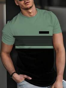 Men's 3D Printed Minimalist Dual-Color Line Pattern T-Shirt, Casual Short Sleeve Summer Outdoor Pullover, 100% Polyester, Stretchy & Breathable Fabric - Multicolor - View 2