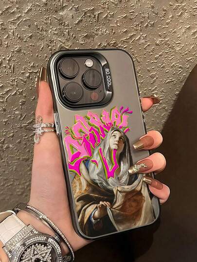 Retro Artistic Figure Phone Case - Fusion Of Classical Painting & Neon Graffiti Typography, Sleek Solid Finish, Perfect For Art Aficionados Craving Bold & Protective Phone Decor