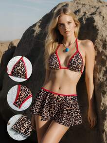 Women's Sexy Fashion Leopard Print Halter Neck Tie Bikini Set, Casual Beach Travel Party 3 PiecesSwimsuit, Spring/Summer New - Multicolor - View 4