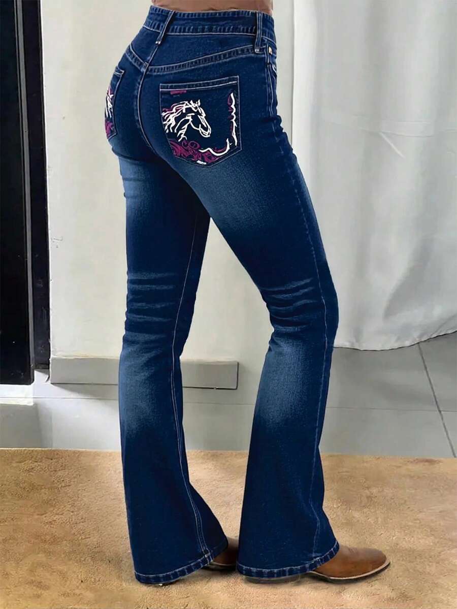 Women's Stretch Flared Jeans - Mid-Rise Bootcut Jeans With Small Horse Embroidery On Back Pockets. Features A Tummy-Control And Butt-Lifting Design. Sexy Street-Style Flared Pants, The Ultimate Urban Fashion Choice. - 中等水洗藍 - 查看 1