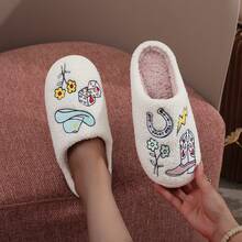1 双白色卡通刺绣西部牛仔马蹄和花卉图案毛绒拖鞋，秋冬男女通用室内一脚蹬软底保暖毛绒鞋，送给女孩的绝佳圣诞礼物 - 白色 - 查看 3