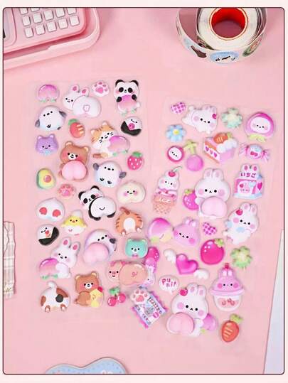 4/2pcs Soft & Cute -Shaped Stickers, Creative 3D Animal Design Stress Relief Squeezy Stickers, Suitable For Decorating Laptops, Water Bottles, Planners, Etc. Perfect Gift For Friends, Birthday, Holidays (Random Colors & Designs)