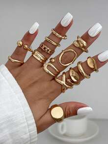 Set de 14 piezas de anillos minimalistas de metal líquido con diseño geométrico liso de lágrima y abrazo, adecuado para uso diario de mujeres, fiesta de aniversario, regalo del Día de San Valentín