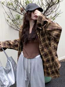 女式格子纽扣前口袋休闲居家旅行长袖衬衫，春秋季 - 棕色 - 查看 2