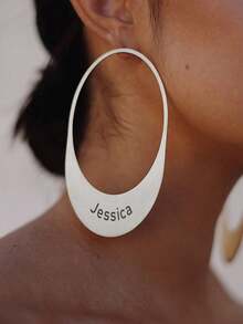 1pc Personalized Customized Name, Laka Luka Design "Oval" Earrings, Hand Stamped Large Oval Hoops, Personalized Earrings, Custom Gold Oval Earring. Statement Earrings. Fashion Accessories Paired With Clothing, Fashionable Stainless Steel Earrings. - Silver - View 4