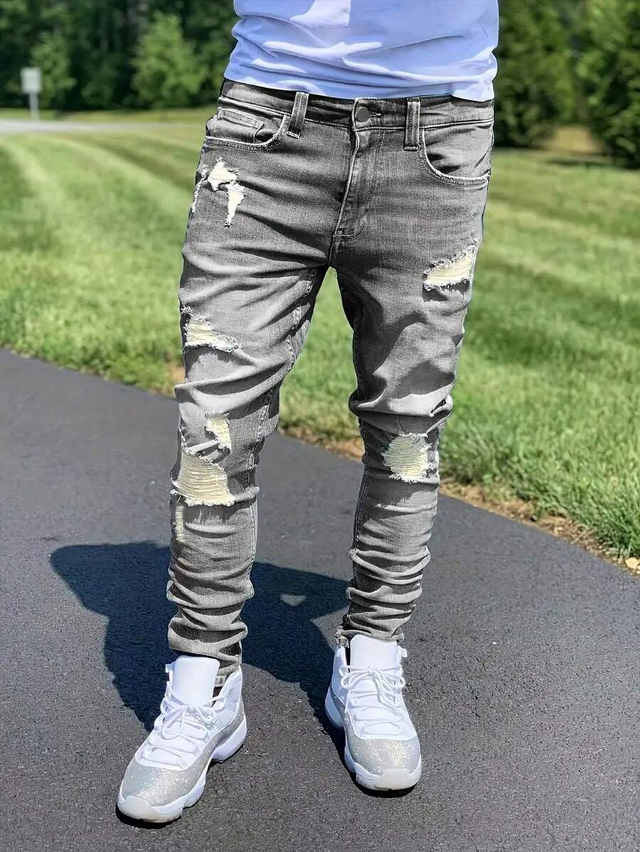 Quần Jeans Nam Thời Trang Thường Ngày, Phong Cách Emo, Dáng Ôm, Túi Xách Tay - Xám - Xem 1
