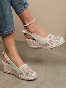 Women's Breathable Bowknot Elastic Net Straw Rope Fashionable Casual Wedge Shoes - Beige - View 4