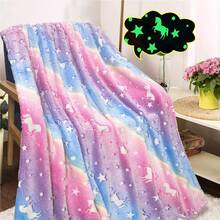 1pc Rainbow Unicorn Pattern Design Flannel Glow In The Dark Blanket. Made Of High-Quality Flannel Fabric, Soft And Skin-Friendly, More Suitable For Teenagers. It Is Warm And Comfortable, Suitable For Sofa, Bedroom And Travel, And Is An Excellent Gift For Friends And Classmates. - Coral Pink - View 2