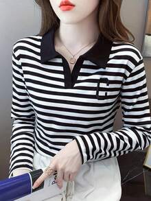 Camiseta de base de cuello polo a rayas de moda para mujer, ajuste ceñido, versátil, manga larga, primavera/otoño