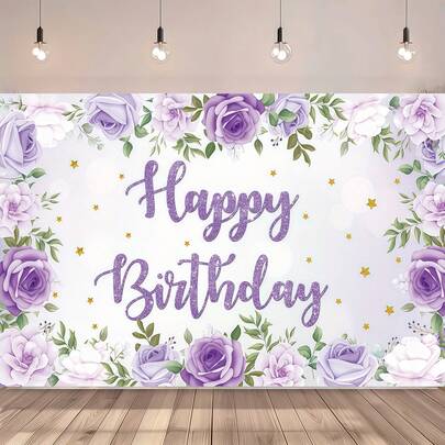 Purple Rose Pattern Birthday Party Banner Backdrop, Suitable For Home Decor, Birthday Party Decoration, Cake Table Decor, Ladies Party Background, Home Garden And Living Room Decor, Indoor And Outdoor Use