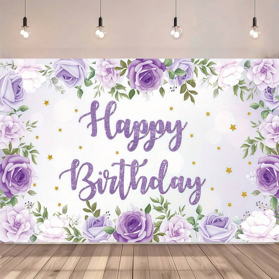 Purple Rose Pattern Birthday Party Banner Backdrop, Suitable For Home Decor, Birthday Party Decoration, Cake Table Decor, Ladies Party Background, Home Garden And Living Room Decor, Indoor And Outdoor Use - Multicolor - View 1