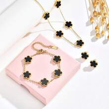 Gold Bracelets Earring Set - 18K Gold Plated Flower Bracelet Chain,Stainless Steel Non Tarnish Floral Pendant Stud Jewelry Sets,Birthday Lucky Mom Wife Daughter Girlfriend - 黑色 - 查看 3