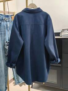 Women's Solid Color Pocket Front Button-Down Casual Shirt Spring - Navy Blue - View 3