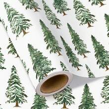WRAPAHOLIC Kraft Christmas Wrapping Paper - Mini Roll - 17 Inch X 16.5 Feet - Watercolor Christmas Tree Wrapping Paper For Xmas Holiday, Party Celebration